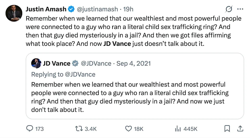 Former Michigan Representative Justin Amash criticizes VP JD Vance's silence on latest Epstein file dump. / Justin Amash/X