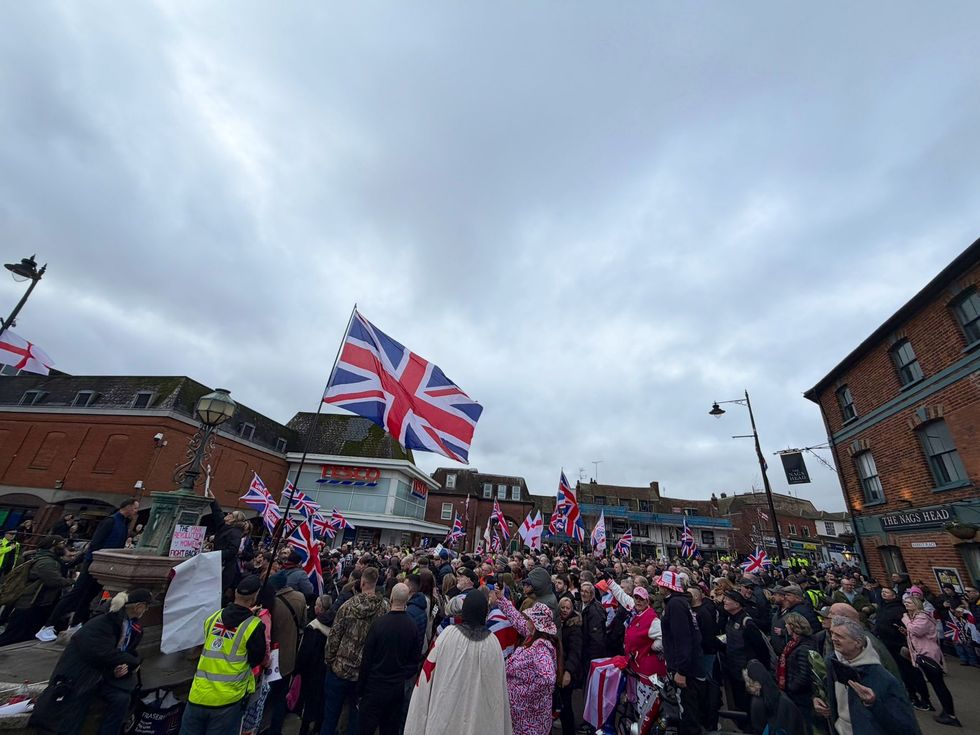 Between 800 and 1,000 protesters gathered in Braintree today