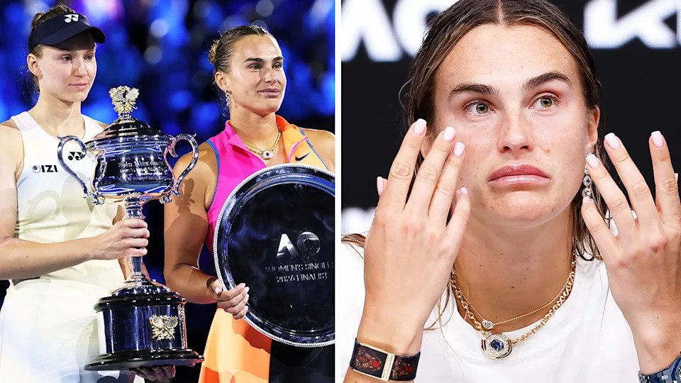 Aryna Sabalenka (pictured middle) was able to share a laugh in her press conference after losing the Australian Open final to Elena Rybakina (pictured left). (Images: Getty Images)