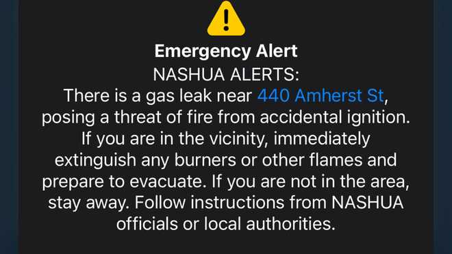 There is a gas leak near 440 Amherst St., posing a threat of fire from accidental ignition. If you are in the vicinity, immediately extinguish any burners or other flames and prepare to evacuate. If you are not in the area, stay away. Follow instructions from Nashua officials or local authorities.