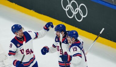 Brock Nelson scores twice as US opens the Olympics by rolling over Latvia 5-1