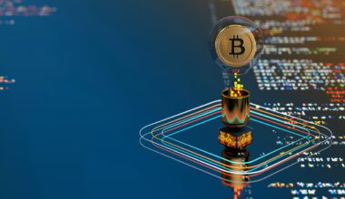 A golden Bitcoin floats over a small barrel placed on top of a screen displaying computer code.