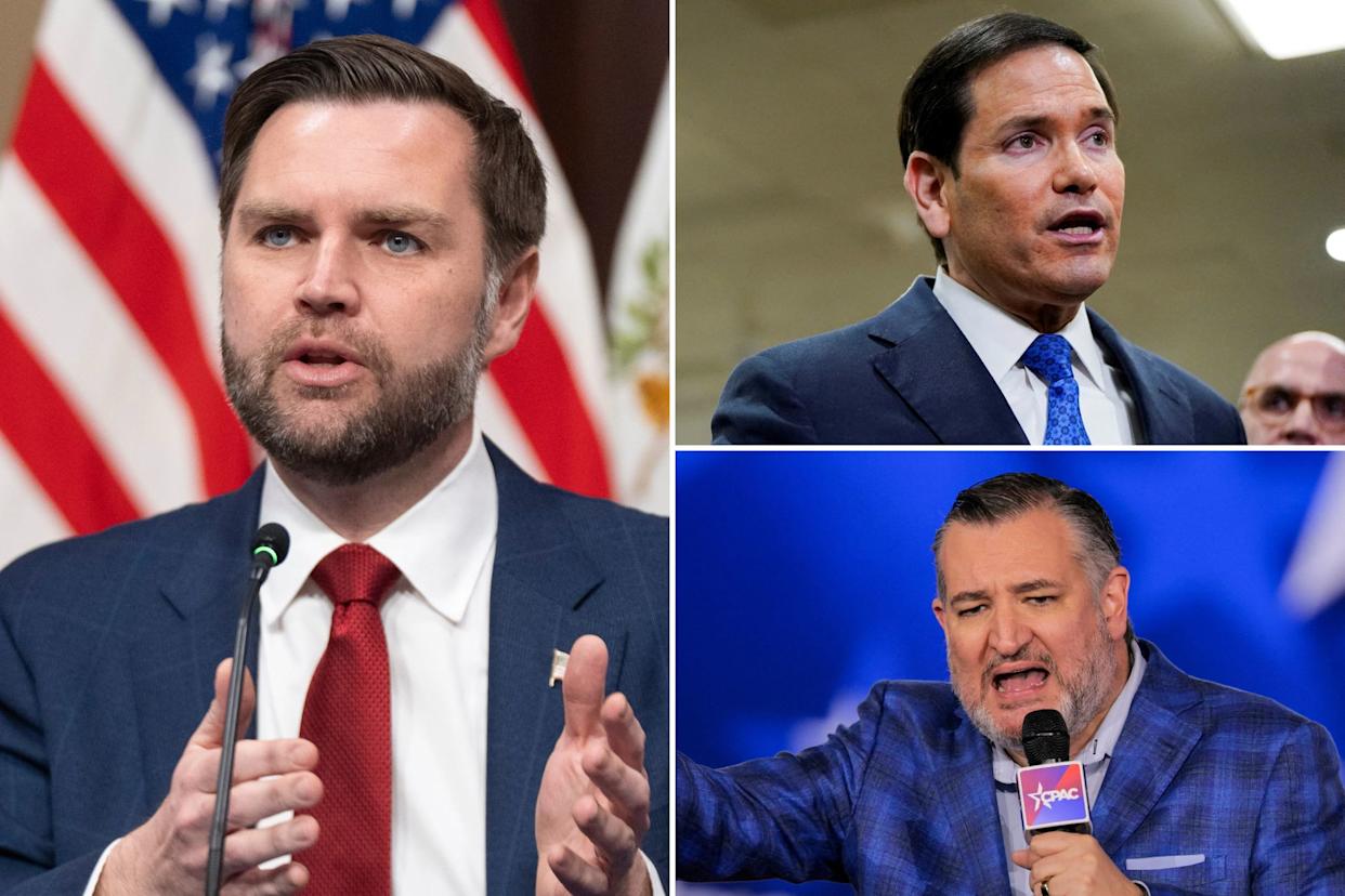 An image collage containing 3 images, Image 1 shows Vice President J.D. Vance speaking at the first meeting of the Task Force to Eliminate Fraud, Image 2 shows US Secretary of State Marco Rubio speaking in Washington, Image 3 shows Senator Ted Cruz speaking at the Conservative Political Action Conference (CPAC) USA 2026