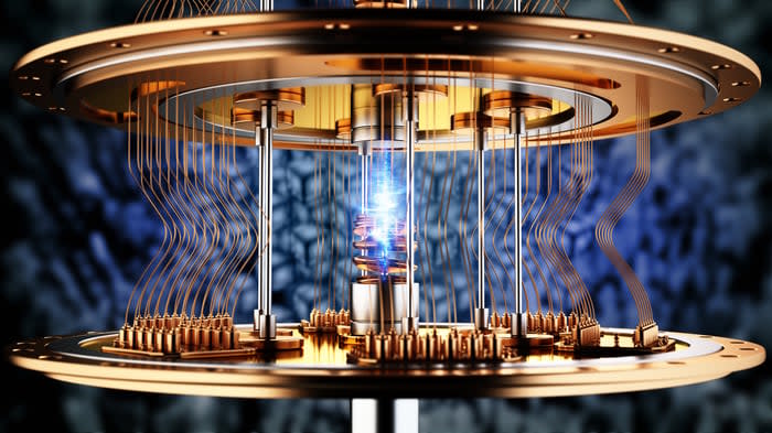 A rendering of a quantum computer performing rapid, simultaneous calculations.