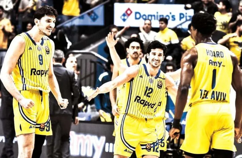 Maccabi Tel Aviv players celebrating. (credit: Dov Halickman)