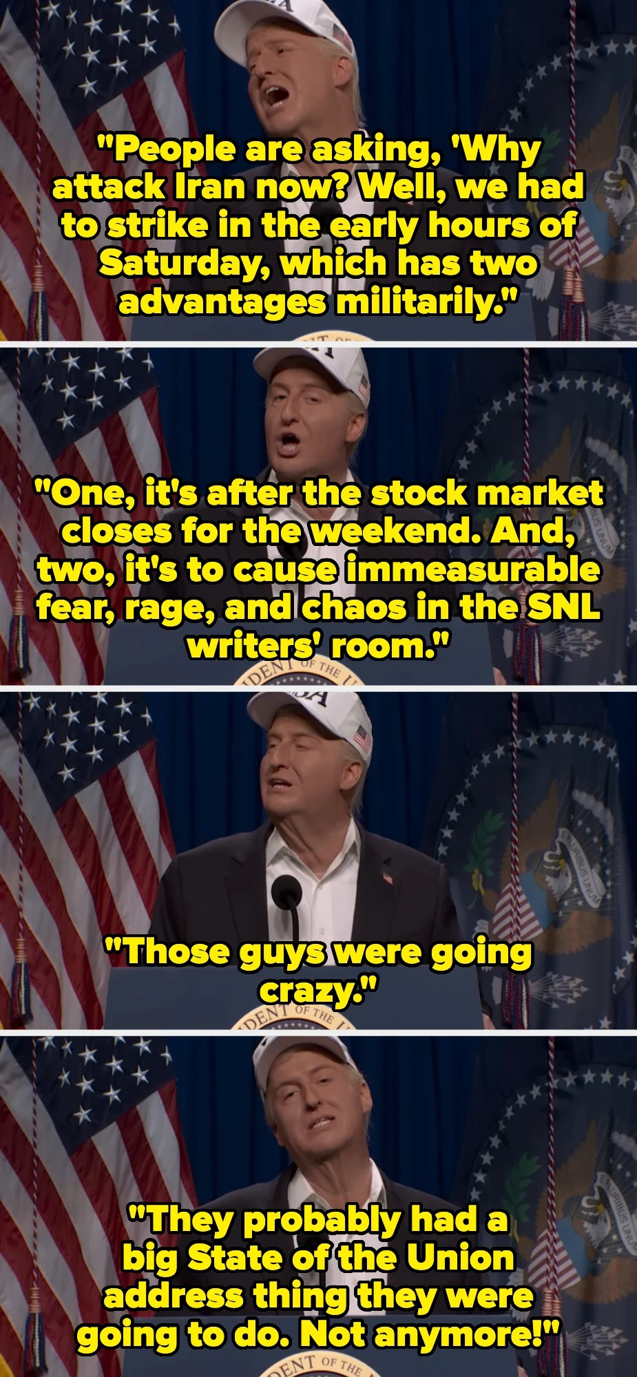 A person delivering a comedic monologue, referencing the effects on an "SNL writers' room" during a sketch or show scene