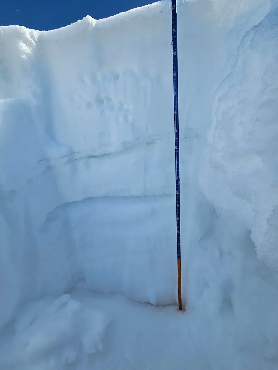 Layers of a snowpack near Vail and Summit County, Colorado on April 12, 2025. Those lines indicate a different weather event affecting the stability of the pack.