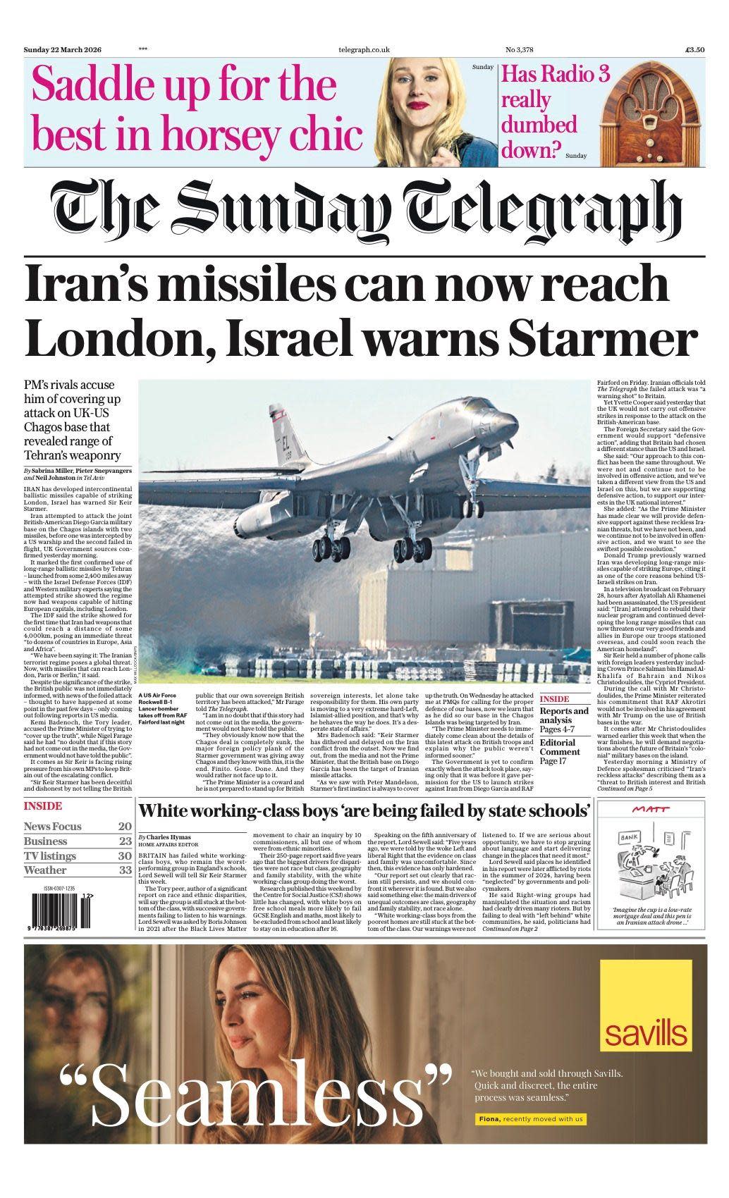 The headline on the front page of the Sunday Telegraph reads: “Iran's missiles can now reach London, Israel warns Starmer”.