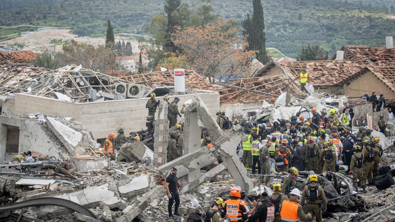 The scene where a ballistic missile fired from Iran hit Bet Shemesh, central Israel, causing heavy damage, March 1, 2026