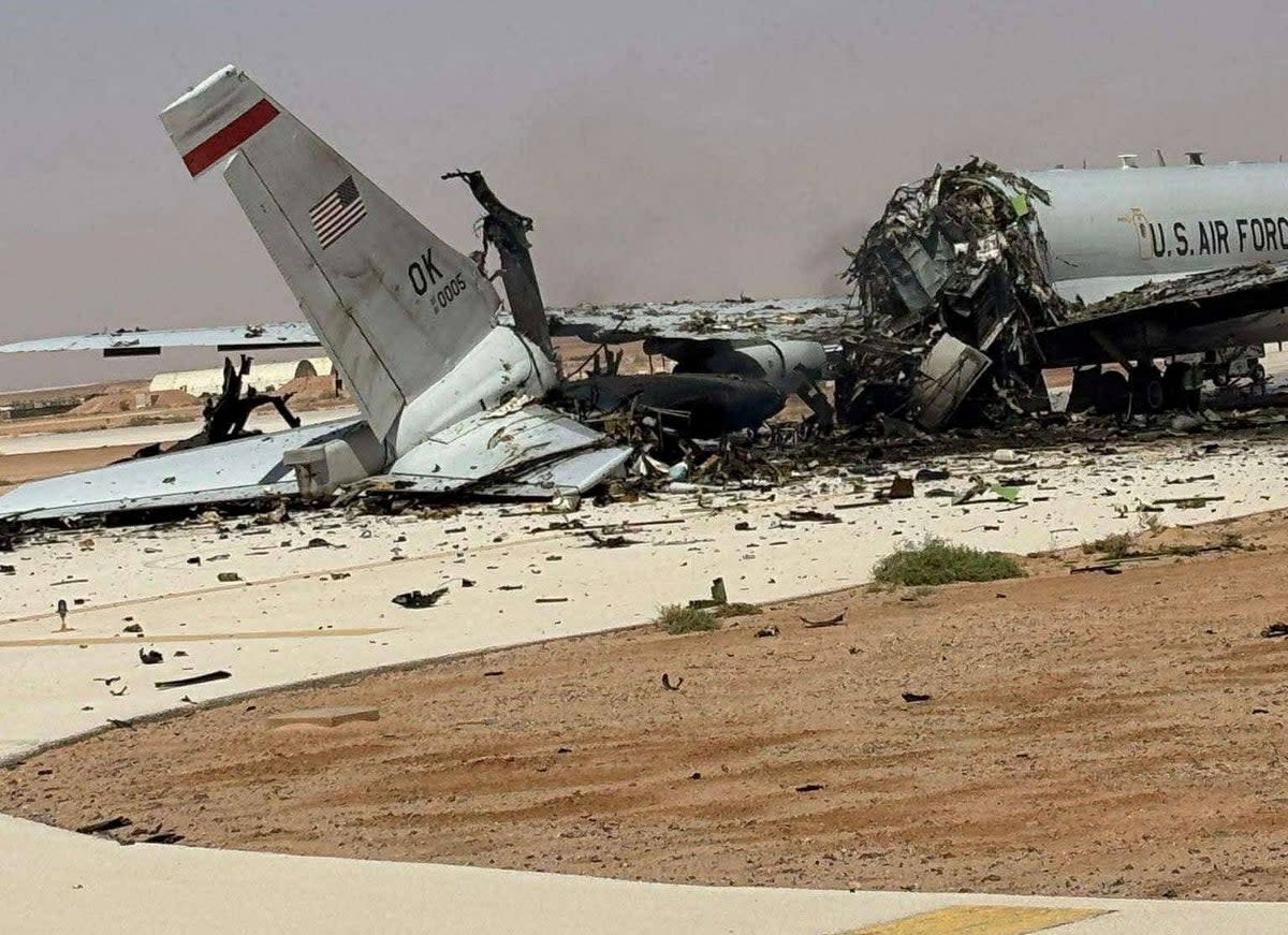 The U.S. has seen 13 service members killed in the conflict, more than 200 injured, and costly equipment destroyed, including this Air Force E-3 Sentry aircraft brought down by a Iranian drone over Saudi Arabia (Reuters)
