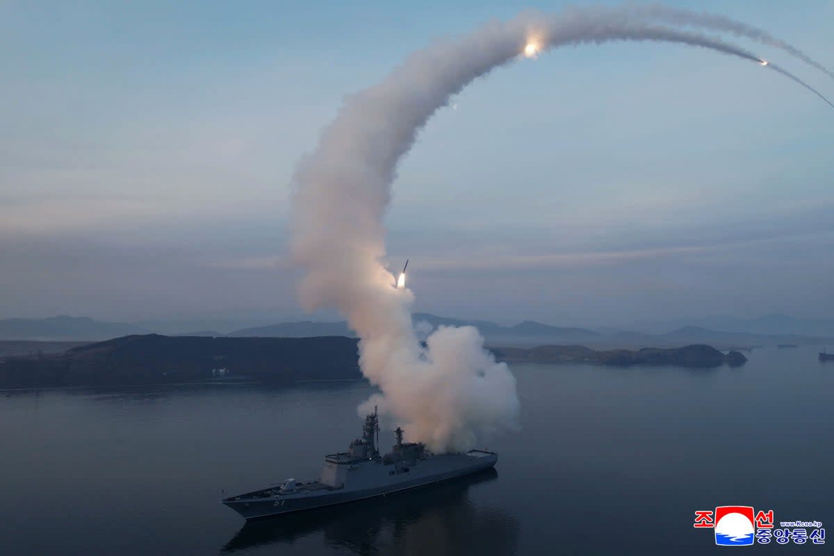 This picture taken on March 10, 2026 and released by North Korea's official Korean Central News Agency (KCNA) via KNS on March 11, 2026 shows a strategic cruise missile test launch conducted on the destroyer Choe Hyon at an undisclosed location in North Korea (KCNA/KNS/AFP/Getty)
