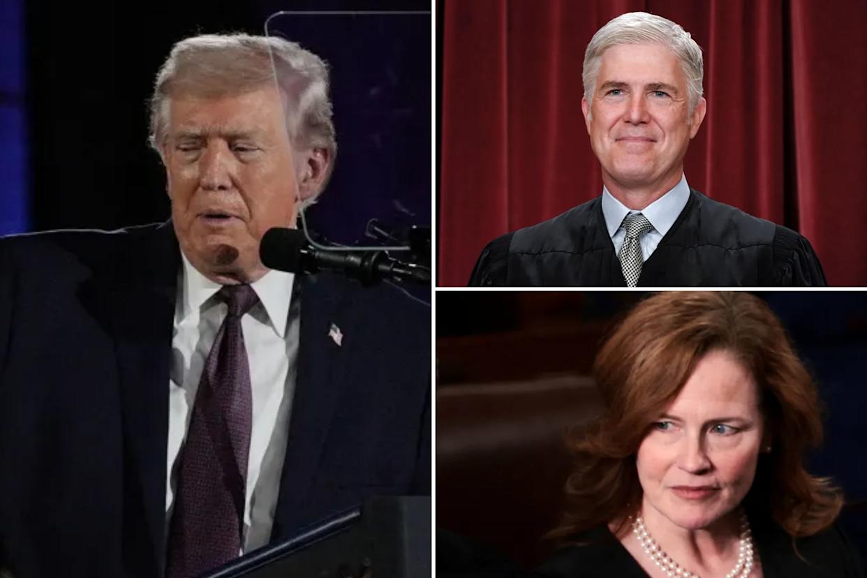 An image collage containing 3 images, Image 1 shows U.S. President Donald Trump speaks at a podium with the Seal of the President of the United States, pointing his left hand to the side, Image 2 shows Supreme Court Justice Neil Gorsuch poses in a black judicial robe, light blue shirt, and black and white patterned tie, against a red curtain, Image 3 shows U.S. Supreme Court Justices Brett M. Kavanaugh and Amy Coney Barrett