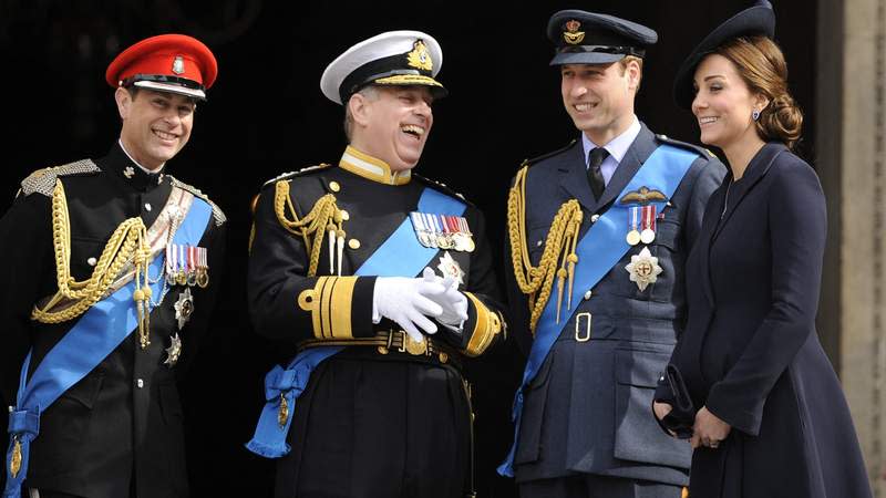 Prince Edward, Andrew Mountbatten-Windsor, Prince William and Kate Middleton attend a commemoration service in 2015. By: Euan Cherry/MEGA