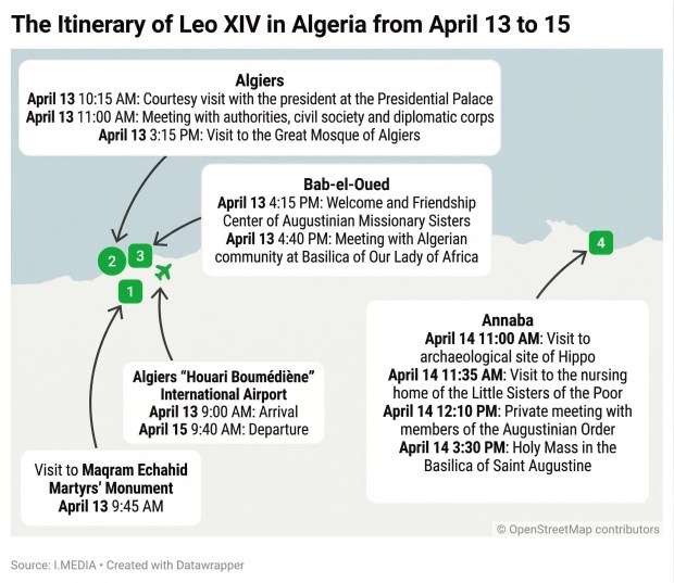 map of Leo XIV's trip to Algeria in 2026