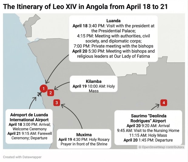 Map of Leo XIV's visit to Angola in 2026