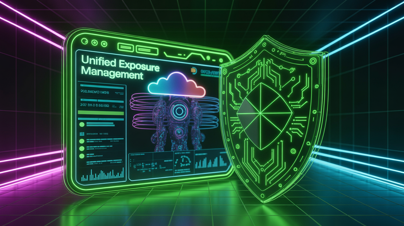 AI exposure management, with holographic dashboards and protective cybernetic shield.