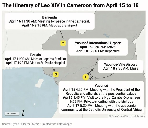 Map of Leo XIV's visit to Cameroon in 2026
