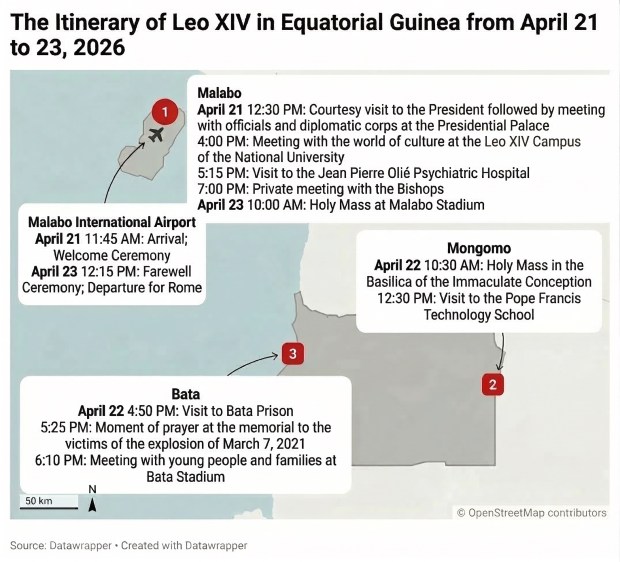 Map of Leo XIV's visit to Equatorial Guinea in 2026