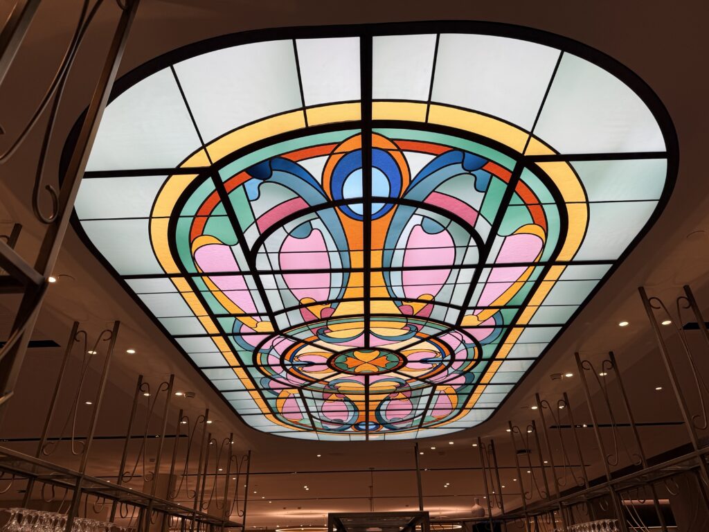 A beautiful stained-glass lighting panel in The View Lounge at Brussels Airport.