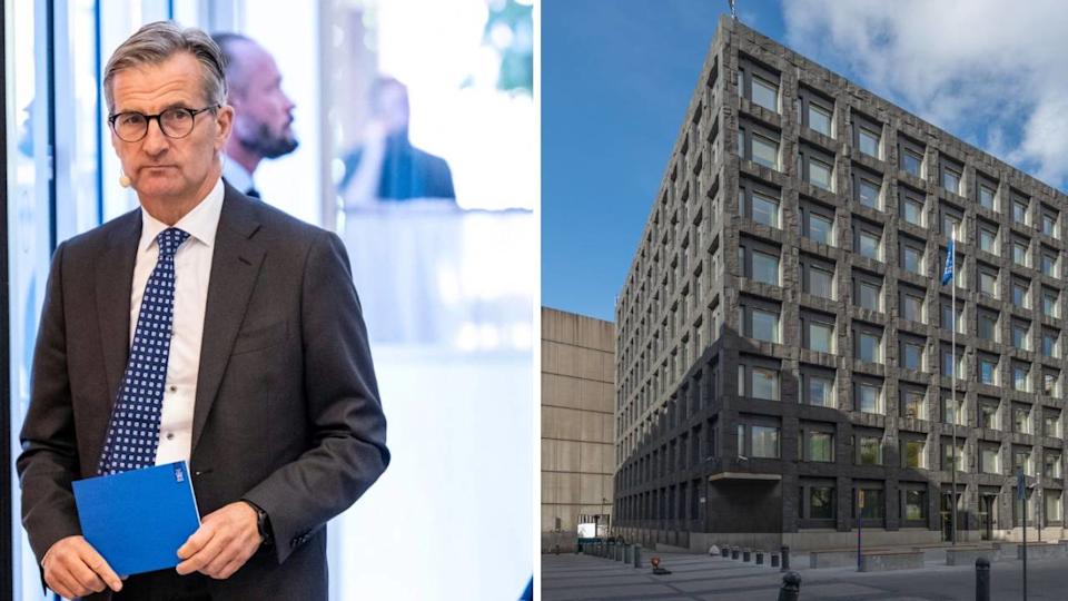 A composite image of Erik Thedéen, governor of Sweden's Central Bank Riksbank next to a stock image of the Riksbank.