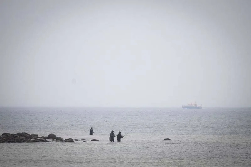 The "Uecker" (R), a boat belonging to the Water Police, is sailing along the Baltic Sea coast off Boltenhagen. A humpback whale stranded for days off Germany's Baltic coast has gotten stuck on another sandbank, a Greenpeace spokeswoman says. Philip Dulian/dpa
