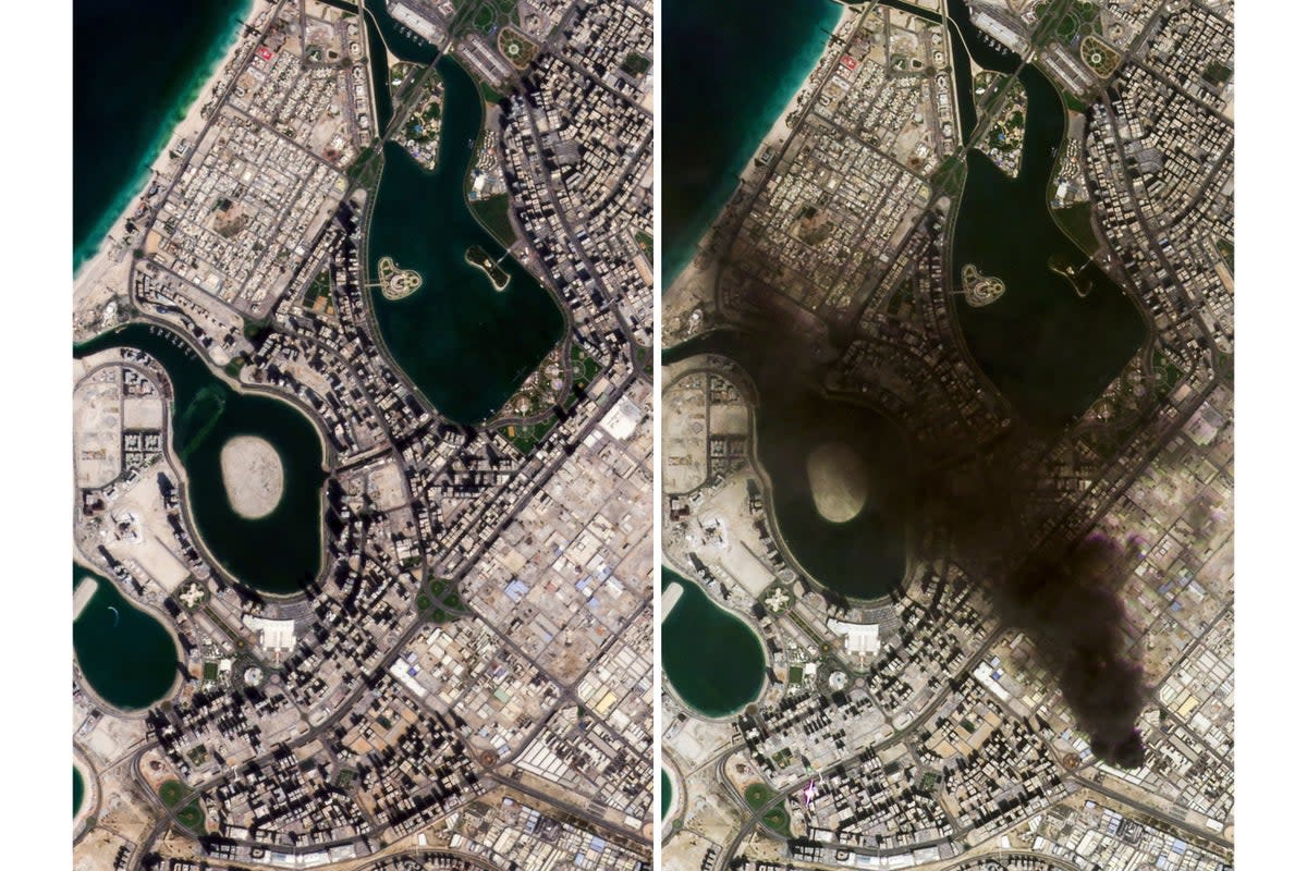 This combination of satellite images provided by Planet Labs PBC show Dubai, United Arab Emirates, on Tuesday, Feb. 24, 2026, left, and on Sunday, March 1, 2026, right (Planet Labs PBC)