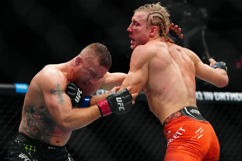 <p>Justin Gaethje fights Paddy Pimblett during UFC 324 at T-Mobile Arena. Mandatory Credit: Stephen R. Sylvanie-Imagn Images</p>