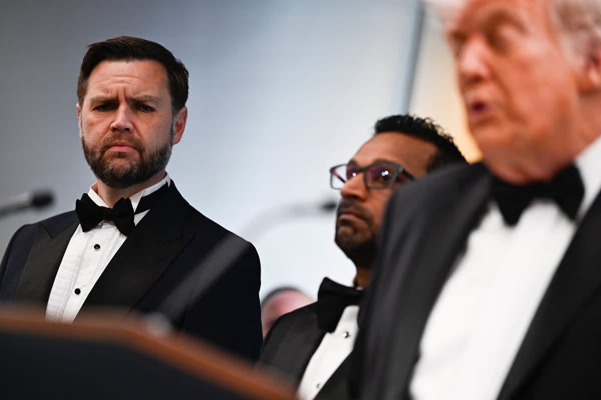 Vance and FBI Director Kash Patel listen to President Donald Trump speak during a press briefing shortly after the shooting incident at the White House Correspondents' Dinner (AFP/Getty)