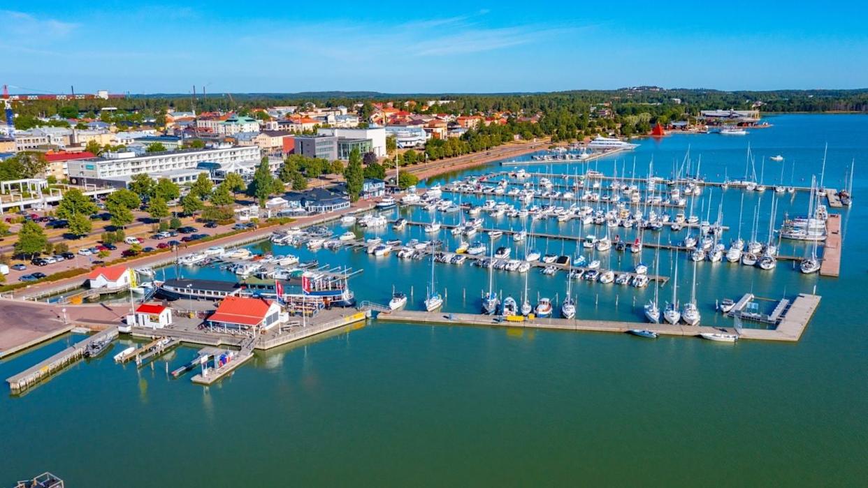 Panorama view of marina in Finnish town Mariehamn.