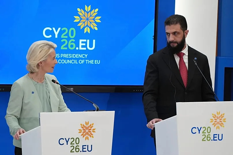 European Commission President Ursula von der Leyen and Syrian President Ahmad al-Sharaa join a press conference in Nicosia, 24 April, 2026
