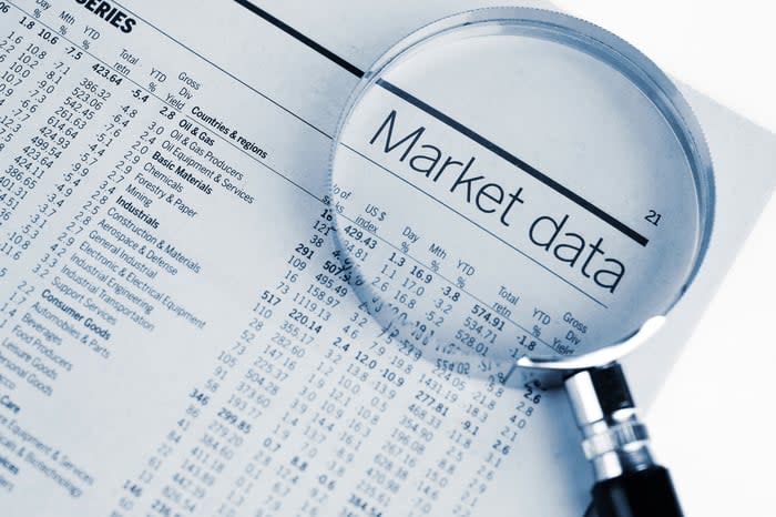 A magnifying glass laid atop a financial newspaper, enlarging a subhead that reads, Market data.