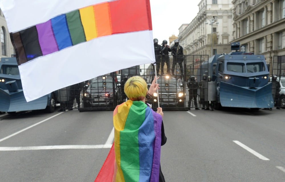 A LGBT activist attends a protest rally against the results of the presidential elections, Minsk, 6 September 2020. Photo: EPA/STRINGER