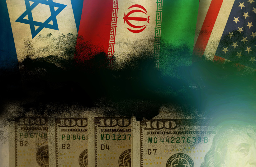 Israeli, Iranian, and US flags are seen above US dollars in this illustrative image.