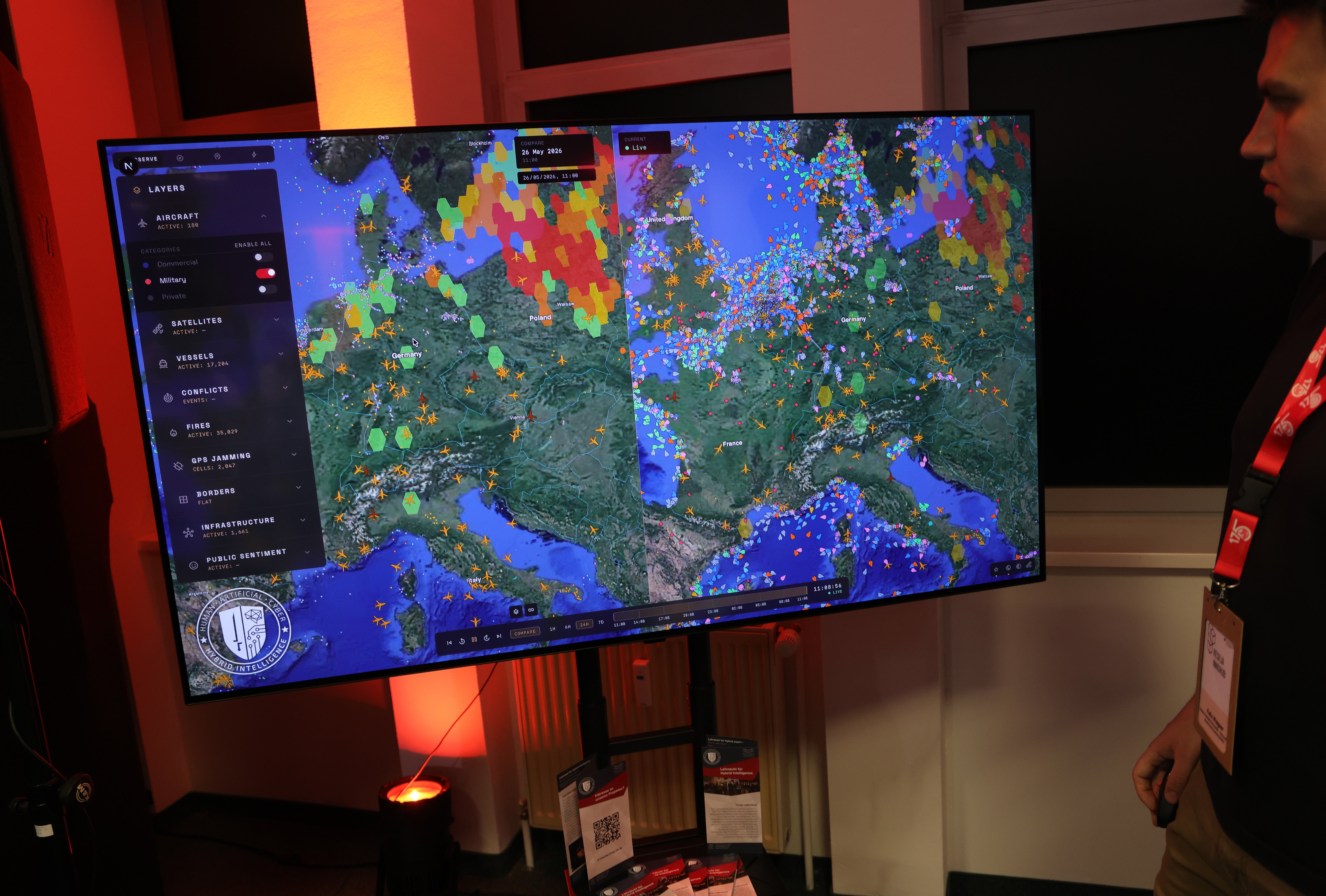 A map created by the Hybrid Intelligence department of Helmut Schmidt University shows shipping, aircraft, wildfires, and GPS disruption zones