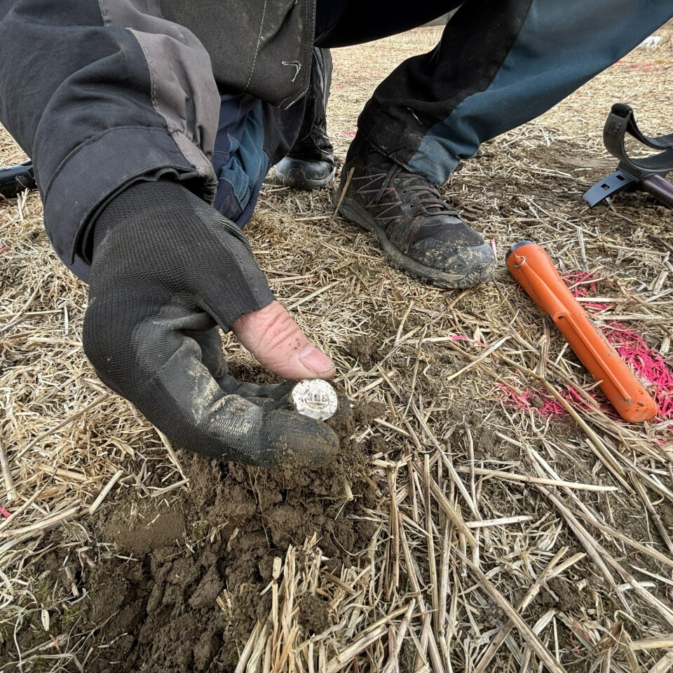 Gloved hands hold a small soil sample on dry straw-covered ground beside an orange tool and boots.