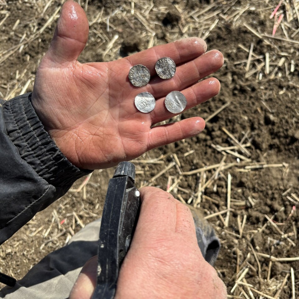 An image of four coins resting in a hand while the other hand sprays water onto them from a spray bottle.