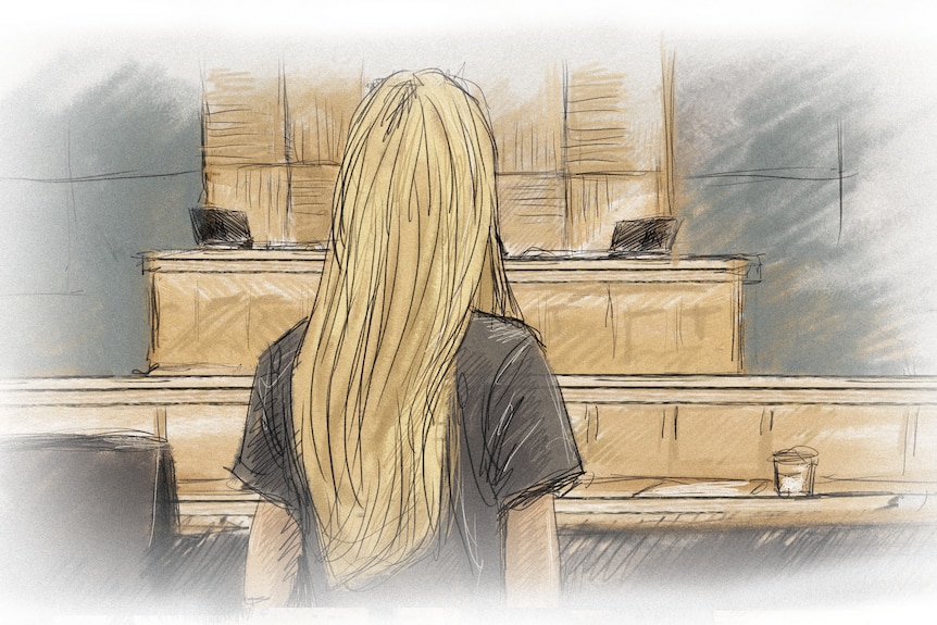 long haired blonde woman in court depicted in a sketch