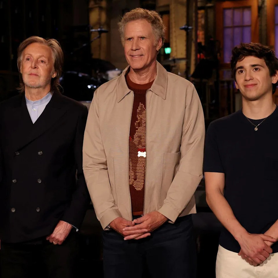 SATURDAY NIGHT LIVE -- Episode 1904 -- Pictured: (l-r) Musical guest Paul McCartney, host Will Ferrell, and Marcello Hernández during Promos on Thursday, May 14, 2026