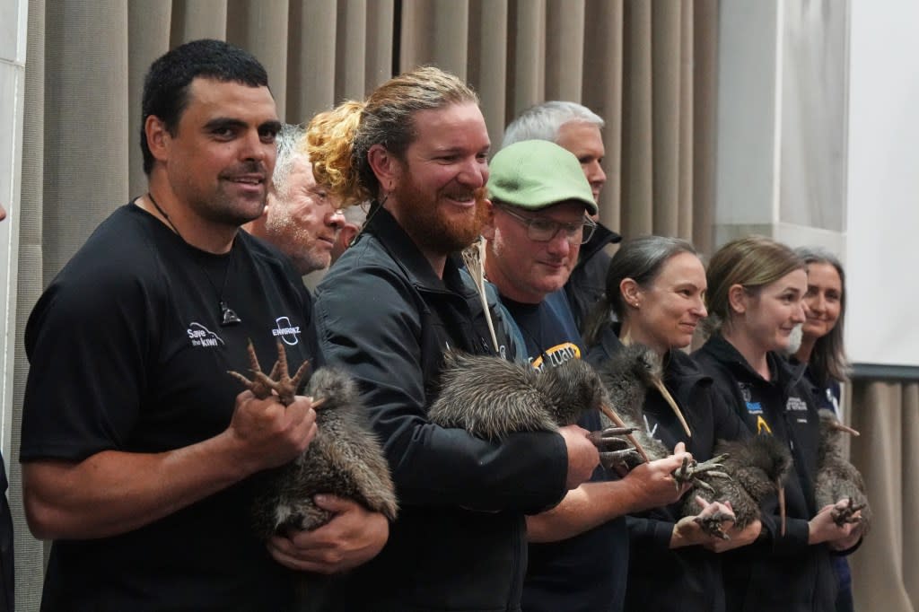Staff members of conservation organizations hold kiwi birds during an event at Parliament in Wellington, New Zealand, on Tuesday. AP