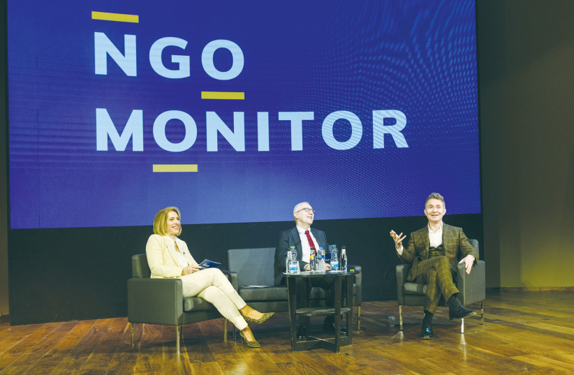 DOUGLAS MURRAY, Gerald Steinberg, and Olga Deutsch (R-L) speak at an NGO Monitor event in Jerusalem.