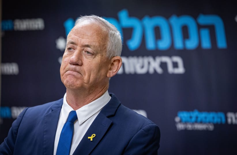 Leader of the National Unity Party MK Benny Gantz leads a faction meeting at the Knesset, the Israeli parliament in Jerusalem, on May 26, 2025.