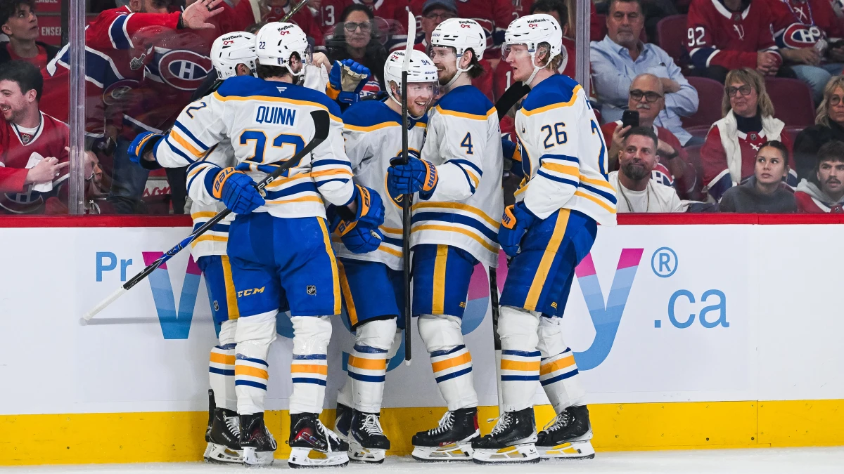 Buffalo Sabres center Konsta Helenius (94) celebrates with his teammates his goal against the Montreal Canadiens during the second period in game six of the second round of the 2026 Stanley Cup Playoffs at Bell Centre.