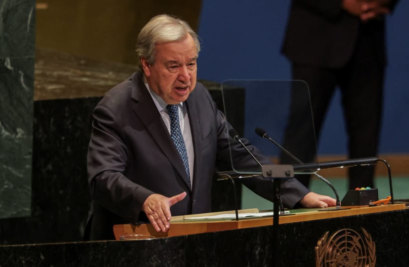U.N. Secretary General Antonio Guterres speaks during a High-level International Conference for the Peaceful Settlement of the Question of Palestine and the Implementation of the Two-State Solution at U.N. headquarters in New York City, U.S., July 28, 2025.