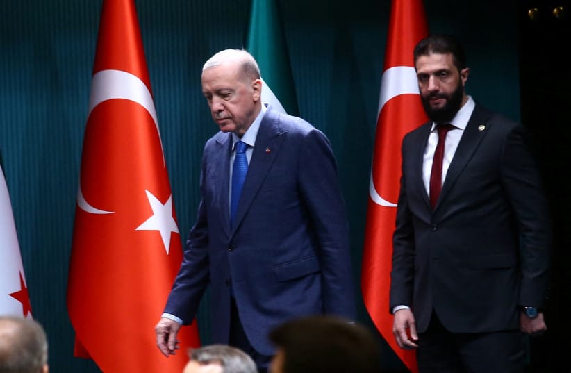 Syrian President Ahmed al-Sharaa and Turkish President Recep Tayyip Erdogan arrive for a joint press conference at the Presidential Palace in Ankara, Turkey, February 4, 2025.