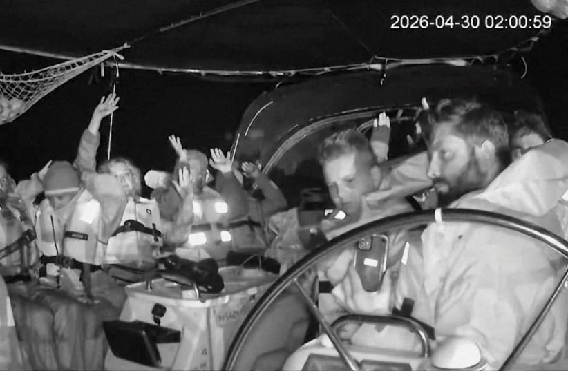 CCTV footage shows crew of the second flotilla that sailed from the Spanish port of Barcelona, carrying humanitarian aid to Palestinians in Gaza, raise their arms with a member as the vessel is said to be intercepted by Israeli Army at a location given as at sea off coast Greece, April 30, 2026.
