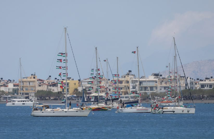 Vessels of the Global Sumud Flotilla, which was intercepted on international waters by the Israeli Navy, sail off the city of Ierapetra, on the island of Crete, Greece, May 1, 2026.