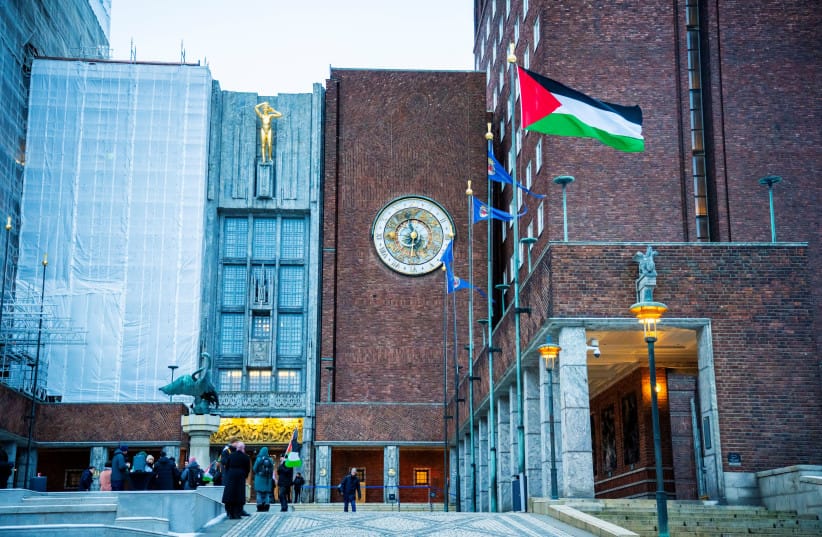 The Palestinian flag was raised in the courtyard outside Oslo City Hall on Wednesday morning in Oslo, Norway, November 29, 2023.