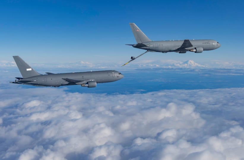 Israel's new KC-46 refueling aircraft, named "Gideon," on its maiden flight, May 4, 2026.