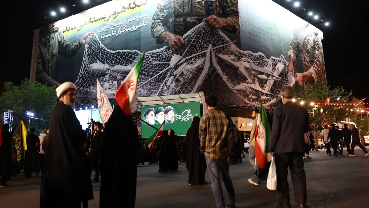 A billboard with a graphic design about the Strait of Hormuz on a building in Tehran, Iran, May 6, 2026.