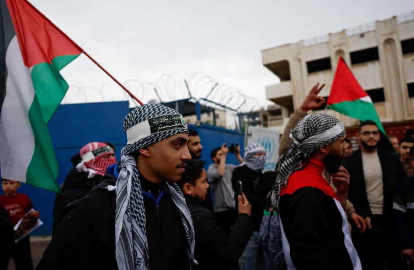 PROTESTERS GATHER outside the office of the United Nations High Commissioner for Refugees to condemn the Israeli death penalty law for Palestinians convicted of lethal attacks, in Damascus, Syria, April 1, 2026.